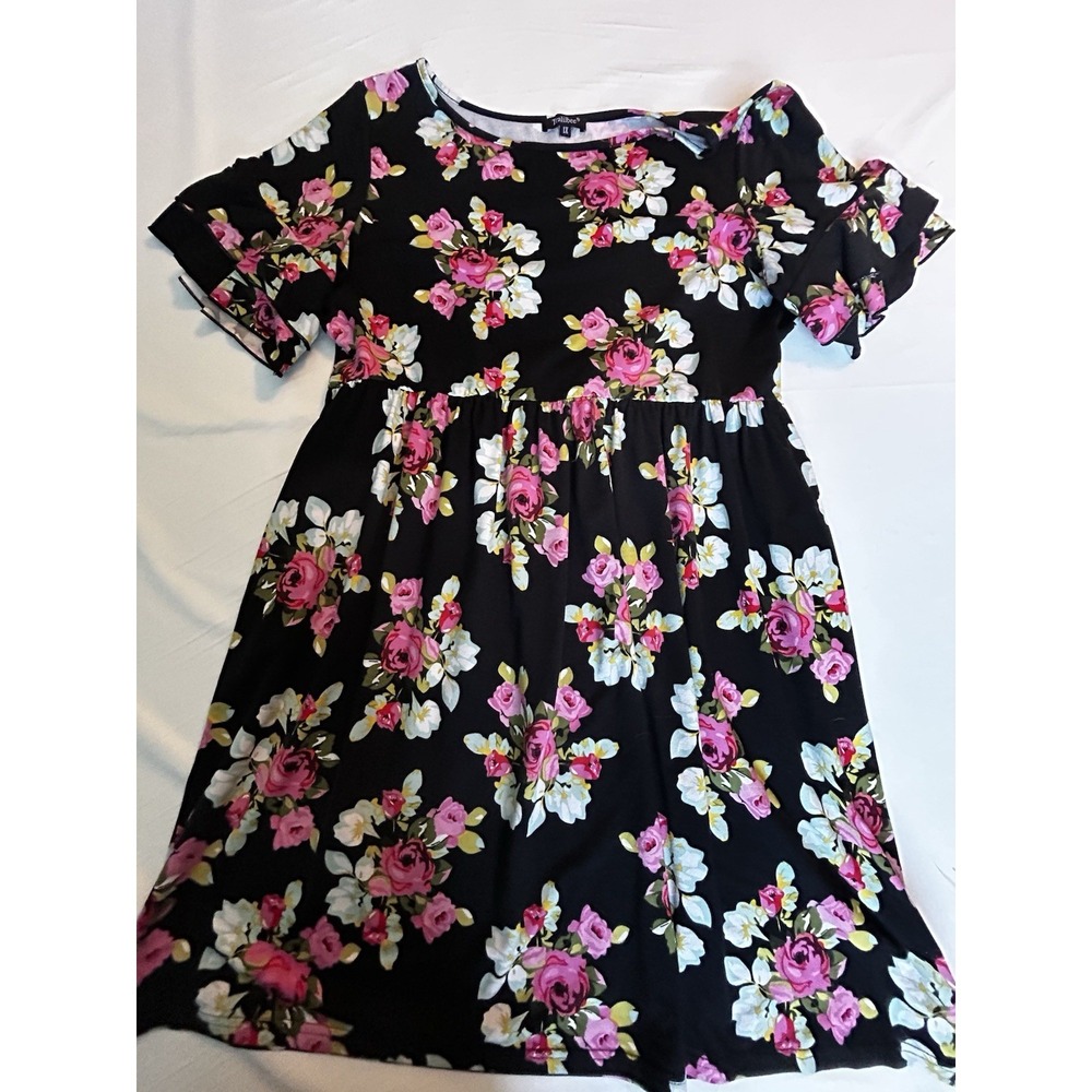 Tralibee Bell Sleeve Knit Dress 1X Blue floral cottage core Babydoll Mini